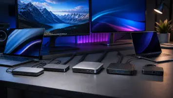 Illustrasjon av USB-C- og Thunderbolt-dockingstasjoner